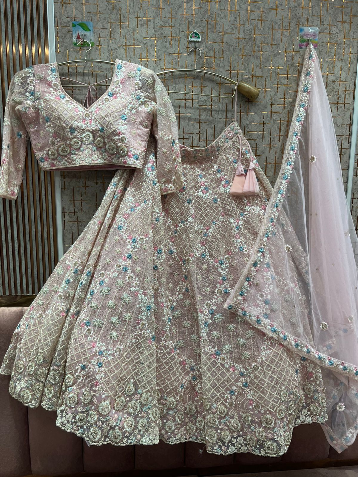 Pleasing peach light yellow Crop top Lehenga