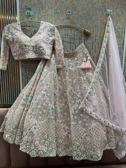 Pleasing peach light yellow Crop top Lehenga