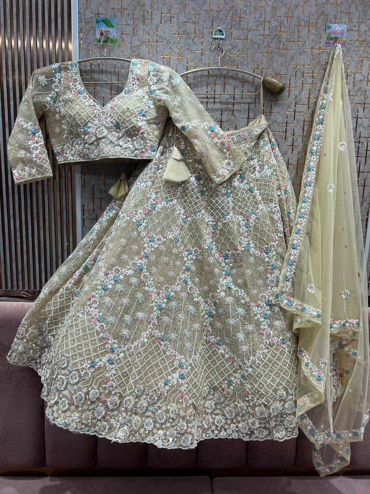 Pleasing peach light yellow Crop top Lehenga