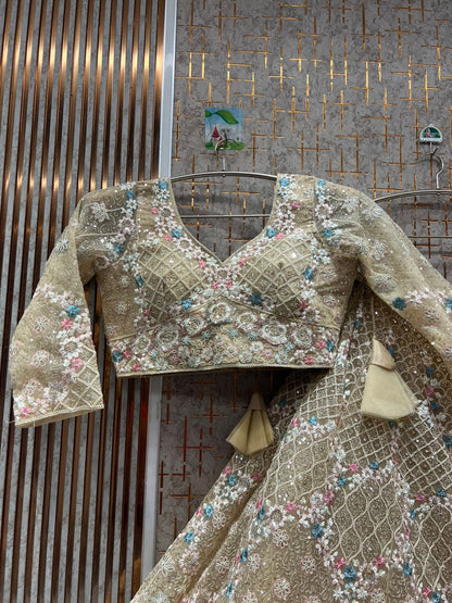 Pleasing peach light yellow Crop top Lehenga