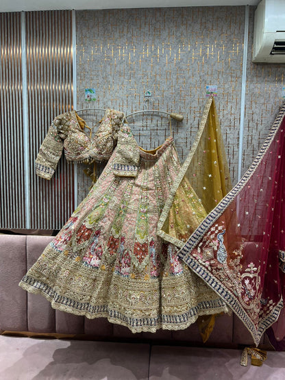 Embellished golden pink peacock Crop top Lehenga happy customer