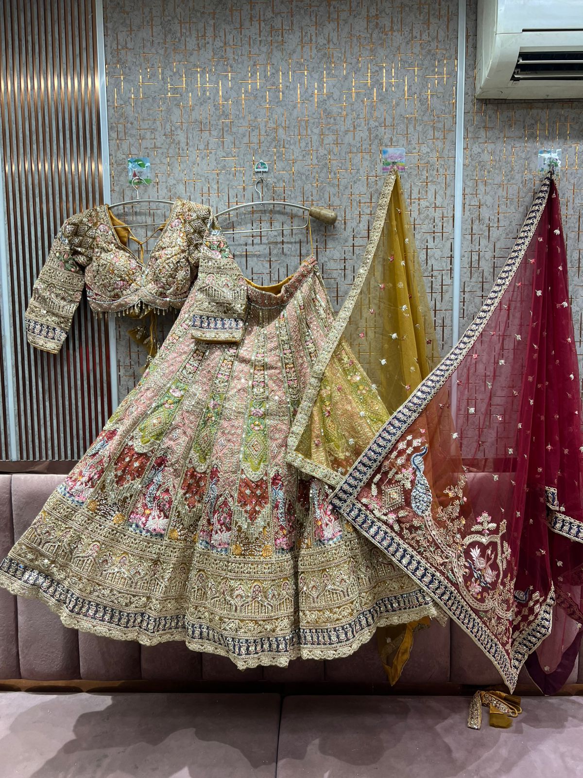 Beautiful yellow pink peacock Double Duptta Lehenga Happy Customer