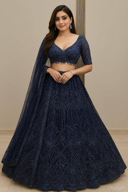 Designer Black Sequins Crop top Lehenga