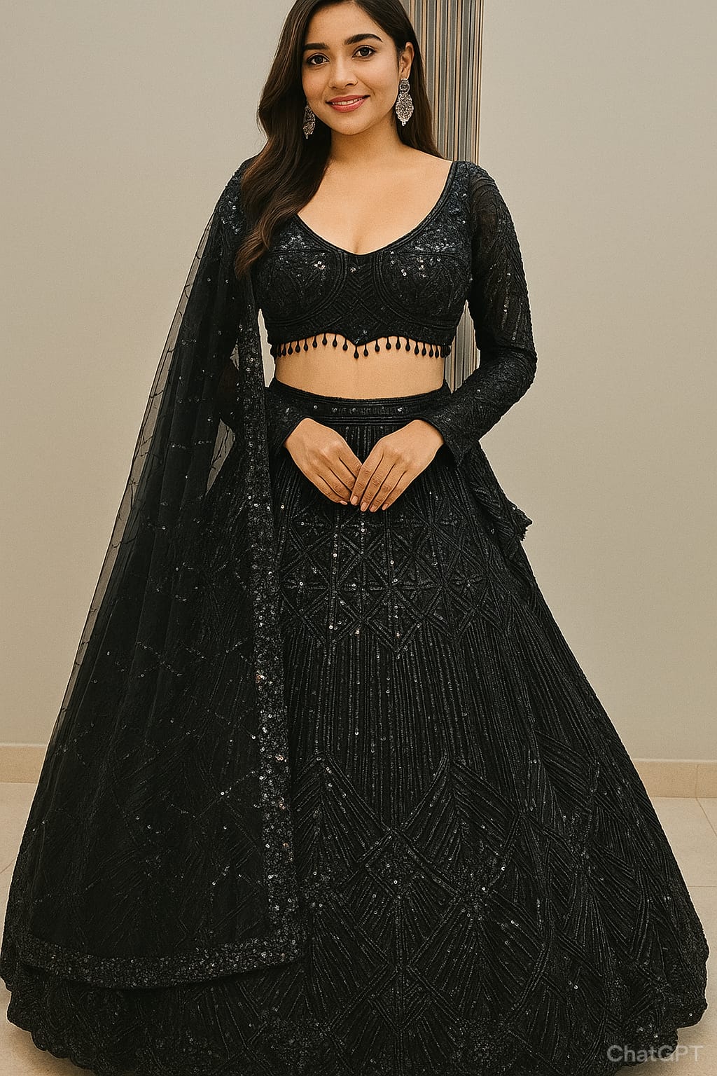 Designer Black Sequins Crop top Lehenga
