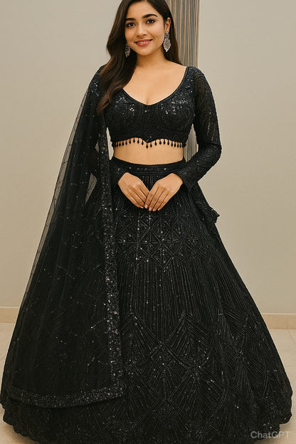 Designer Black Sequins Crop top Lehenga