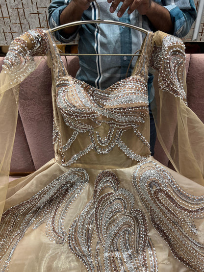 Latest Trendy peach pearl Sequins gown