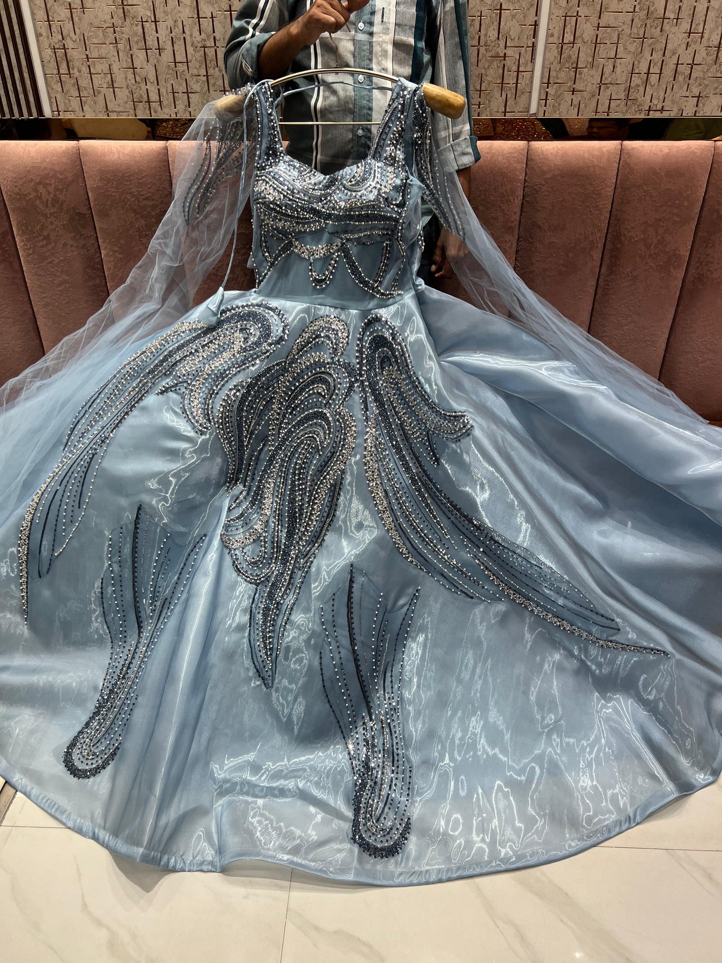 Latest Trendy peach pearl Sequins gown