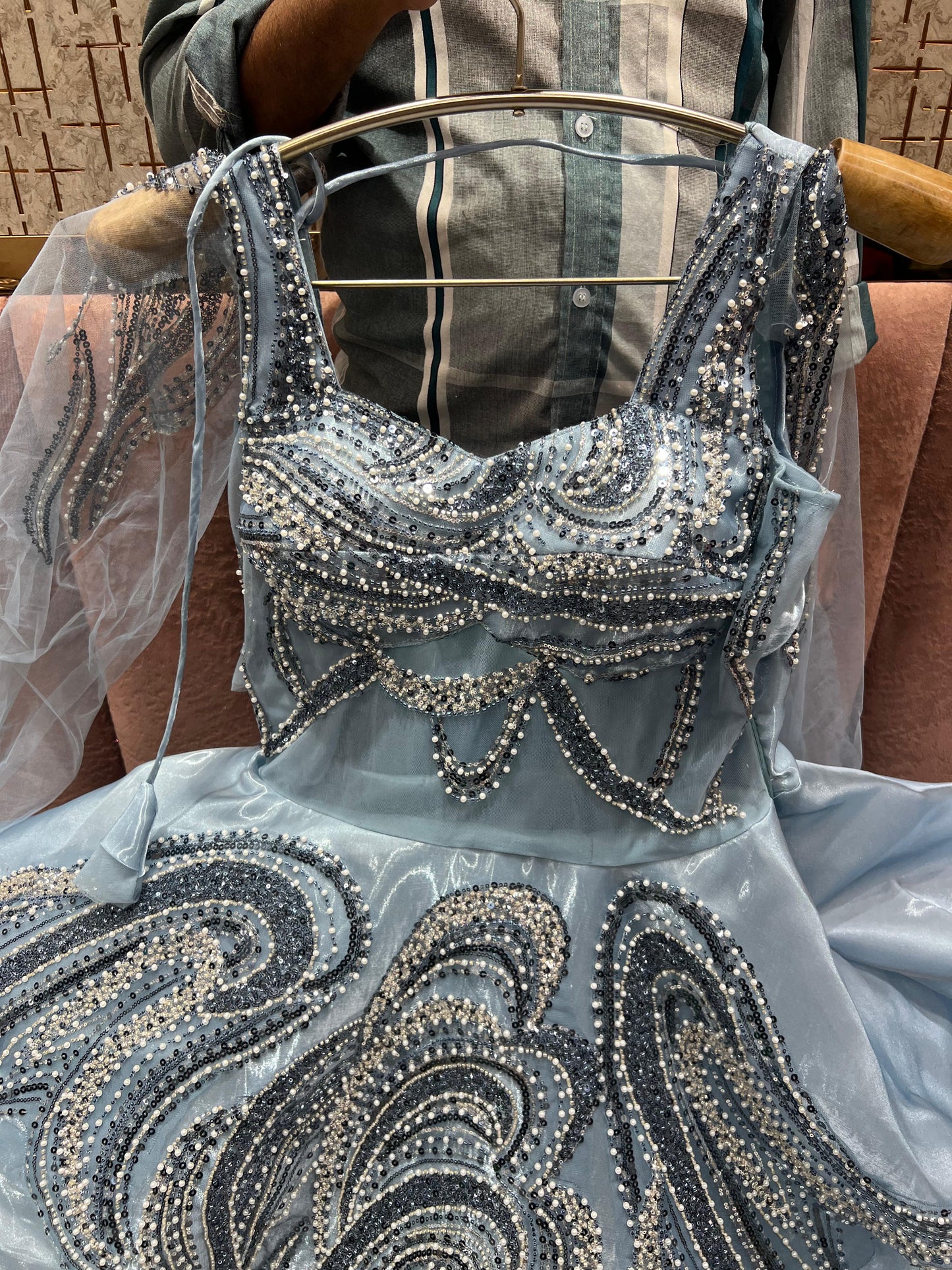 Latest Trendy peach pearl Sequins gown