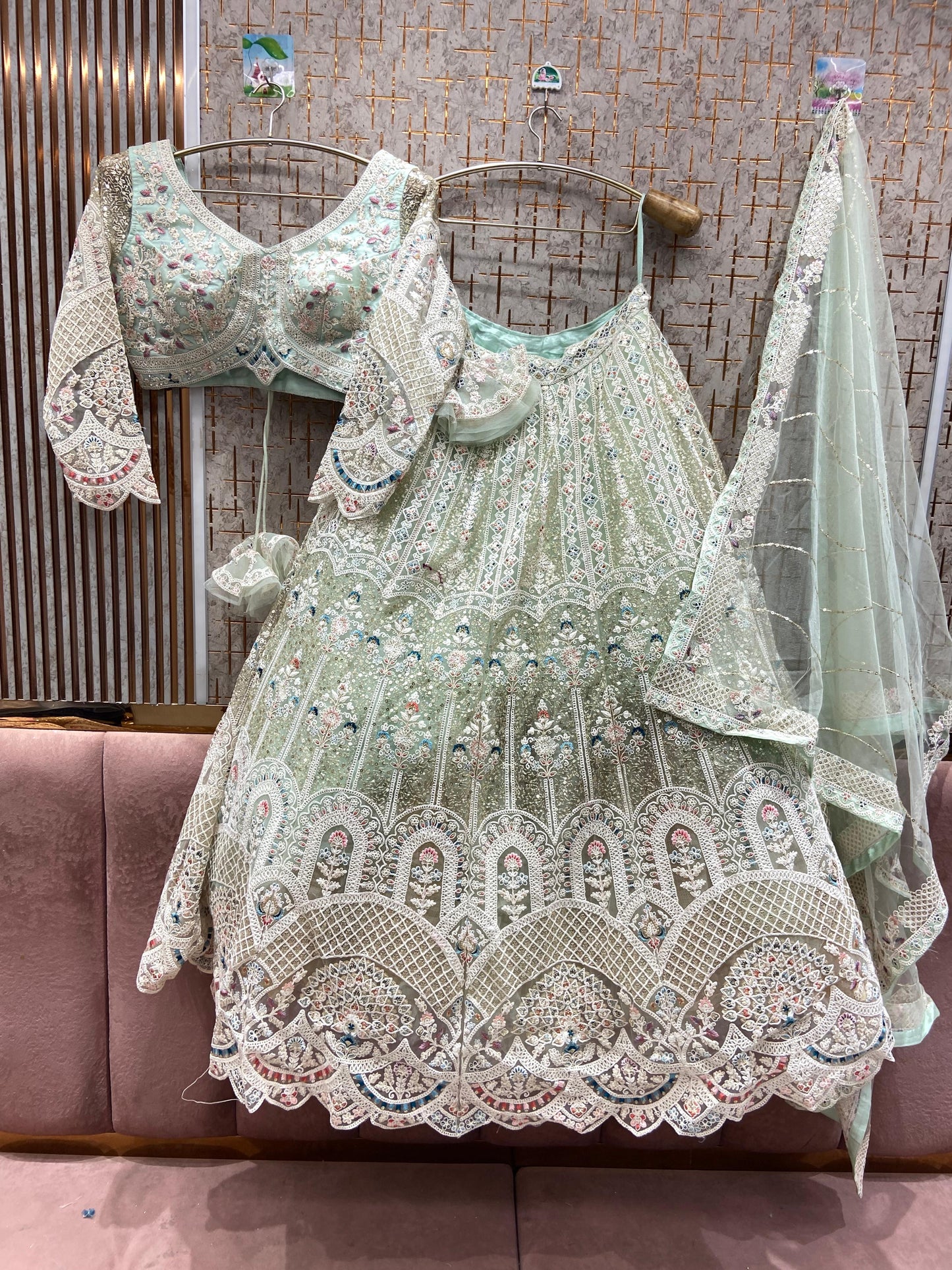 Glamorous pista green peacock Crop top Lehenga