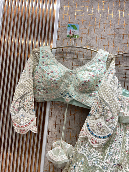 Glamorous pista green peacock Crop top Lehenga