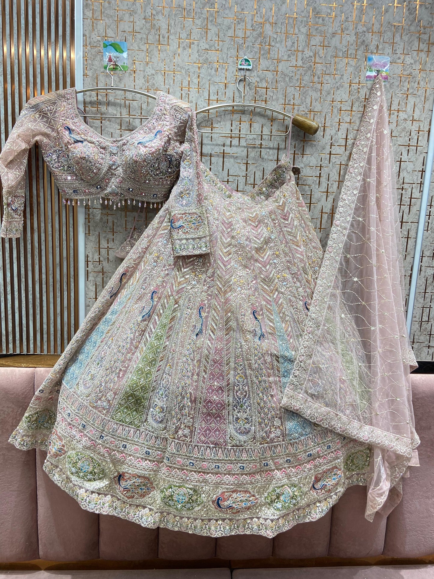 Something different baby pink peacock crop top Lehenga - Shopping World