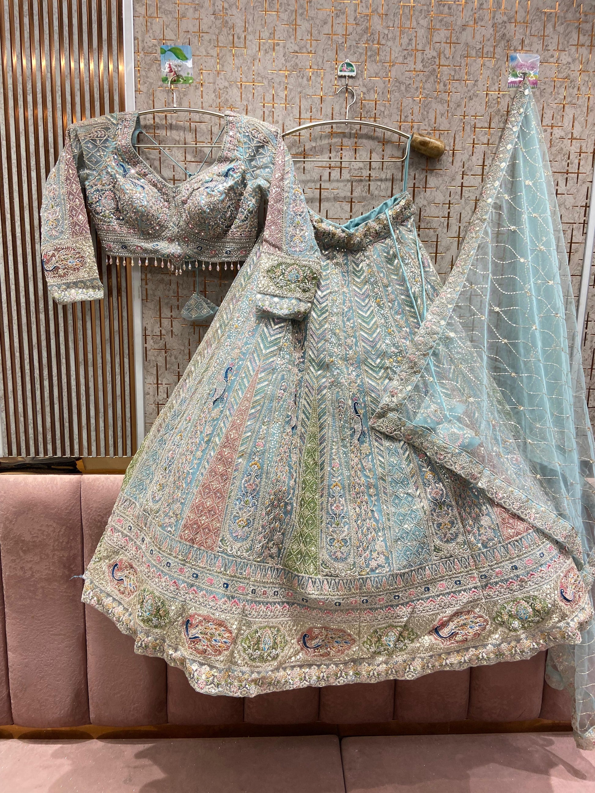 Something different baby pink peacock crop top Lehenga - Shopping World