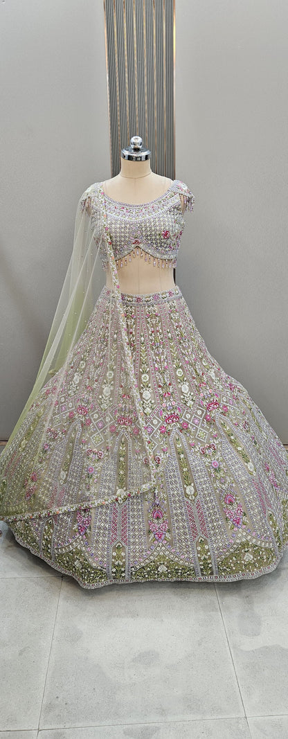 Awesome Lavender Floral Green Crop top Lehengam