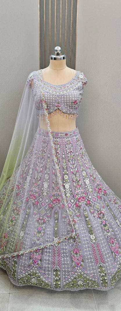 Awesome Lavender Floral Green Crop top Lehengam