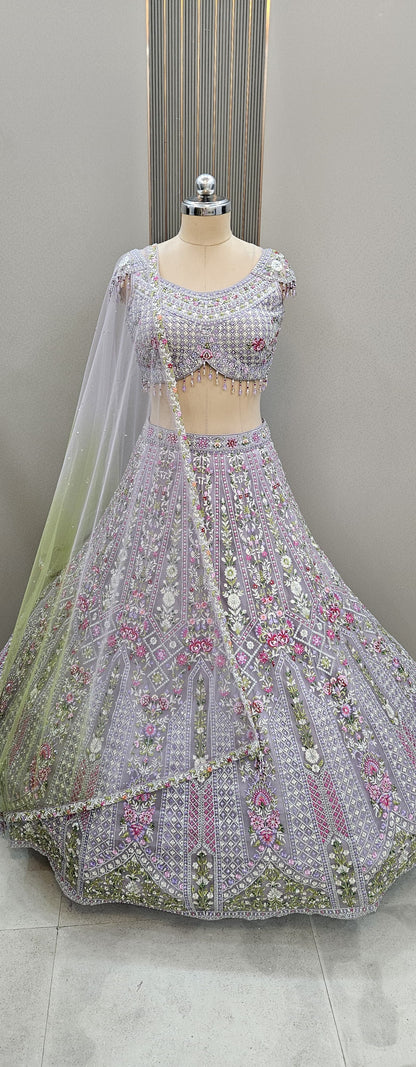 Awesome Lavender Floral Green Crop top Lehengam
