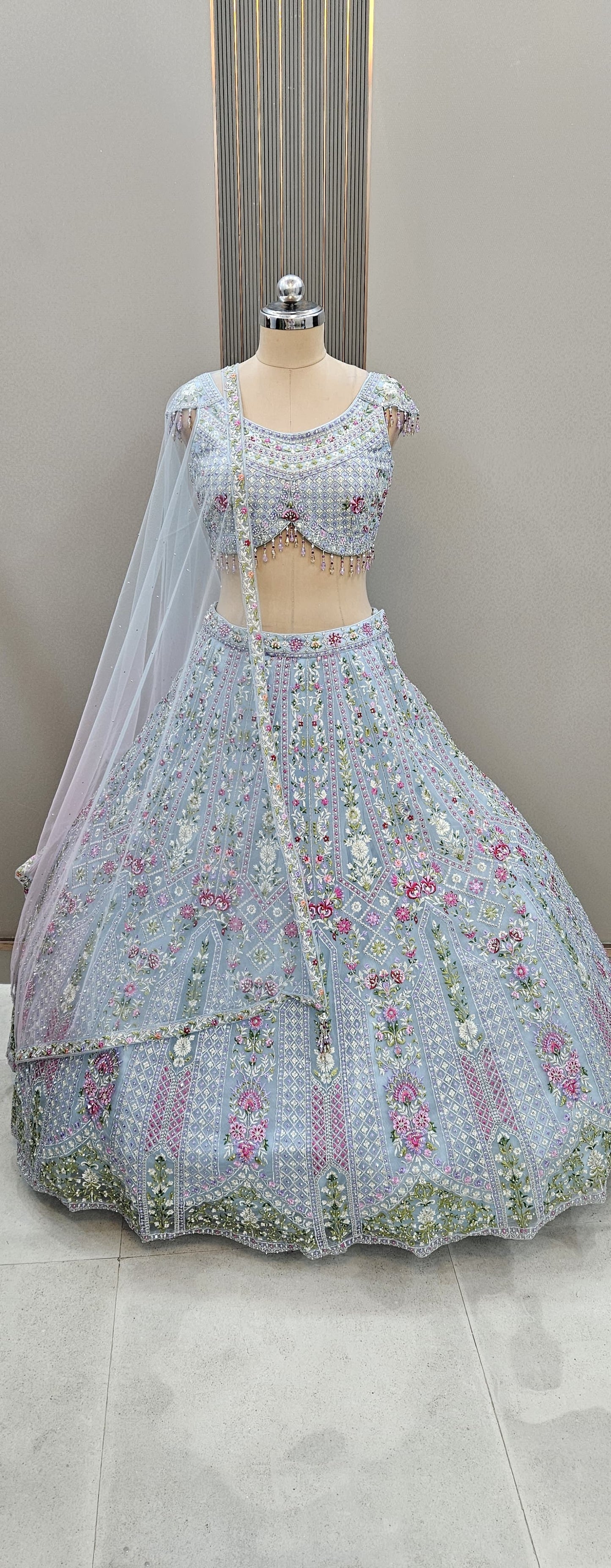 Awesome Lavender Floral Green Crop top Lehengam