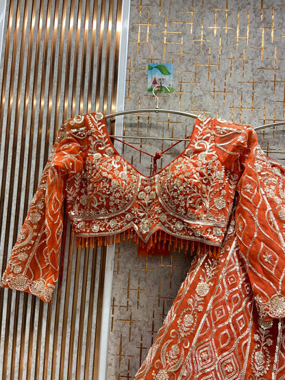 Embellished orange Crop top Lehenga