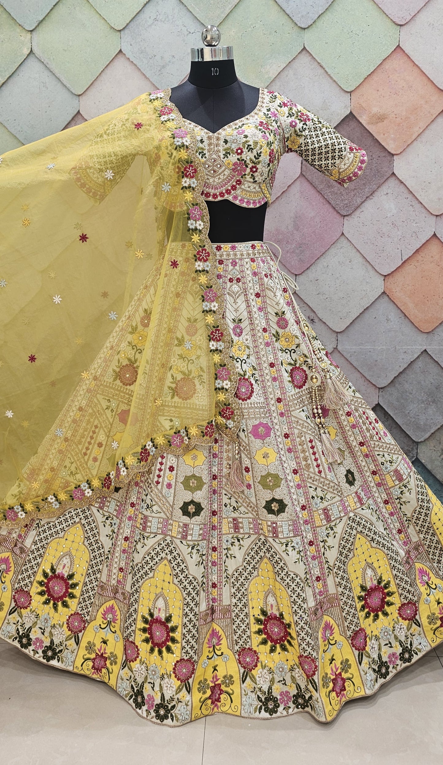 Amazing yellow Floral Crop top Lehengal