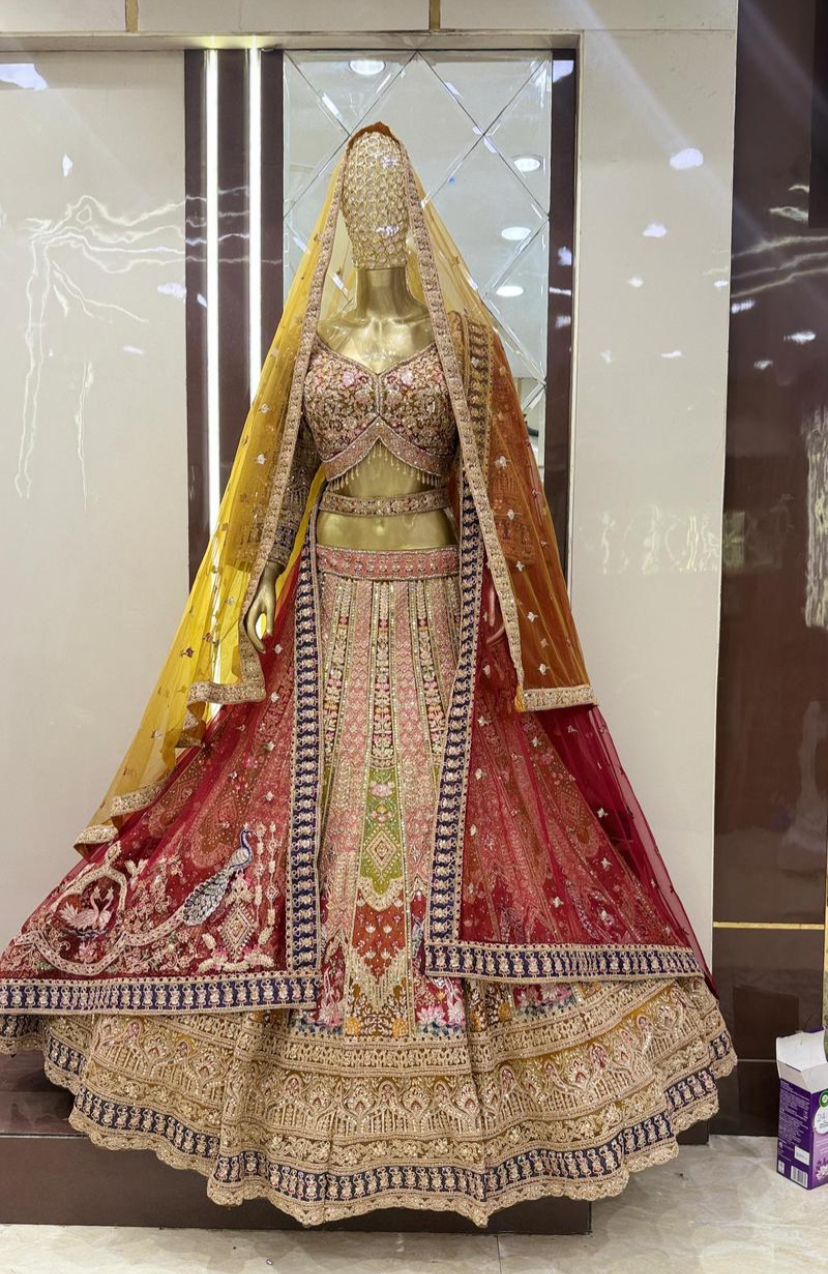 Charming golden pink peacock Double duptta Lehenga