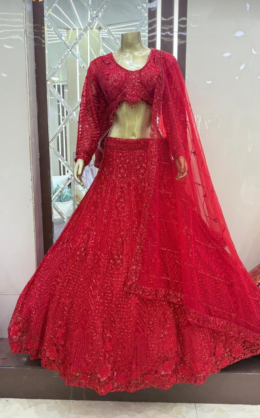 Elegant red on red monotone Crop top Lehenga