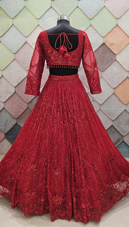 Good looking Cherry red on red monotone crop top Lehenga