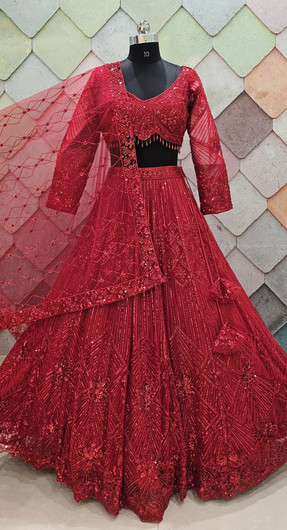 Majestic Cherry red on red monotone Crop top Lehenga