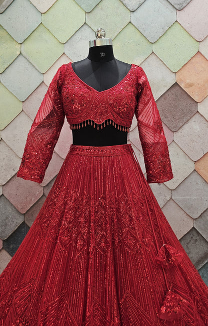 Majestic Cherry red on red monotone Crop top Lehenga