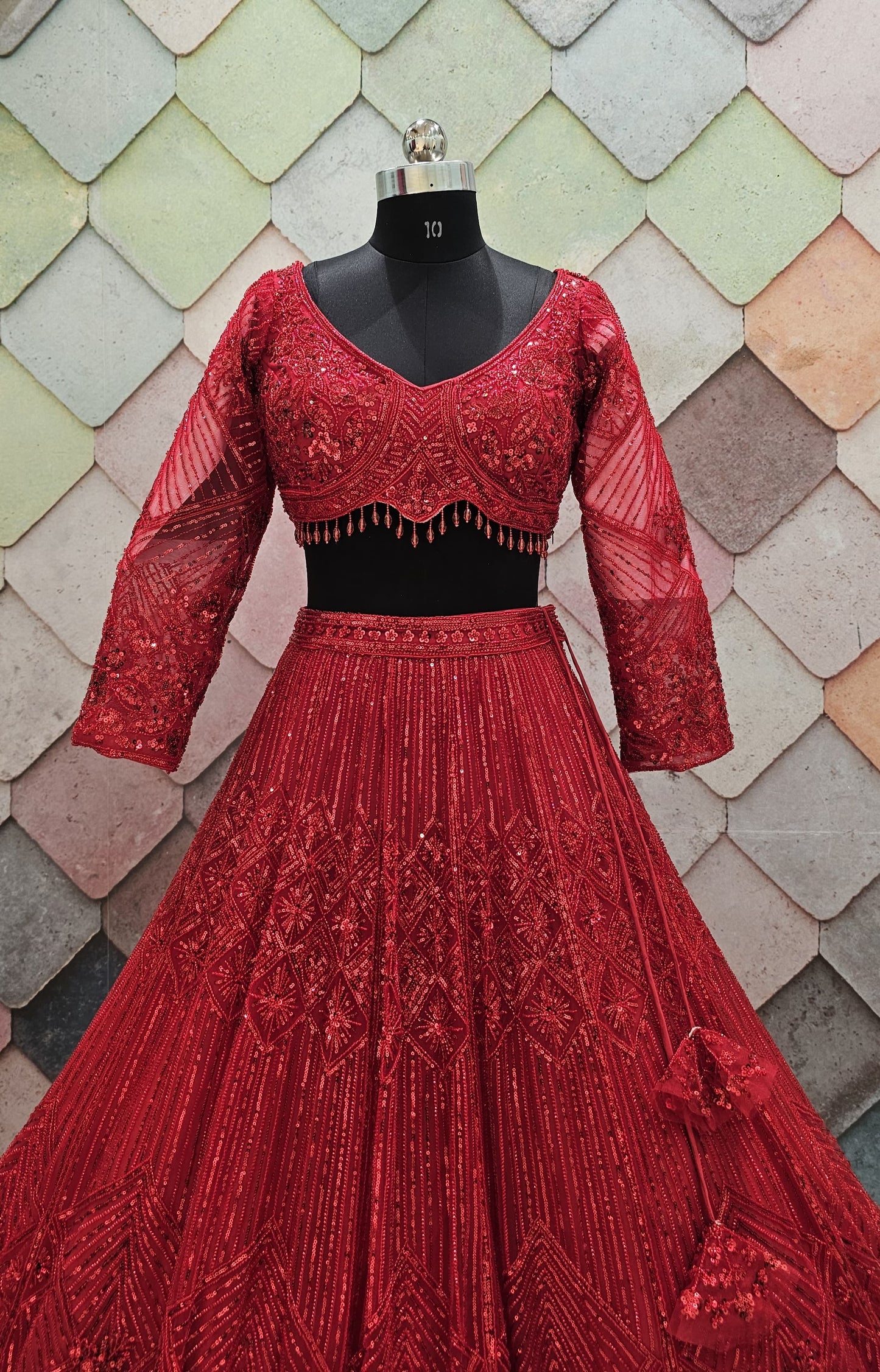 Good looking Cherry red on red monotone crop top Lehenga