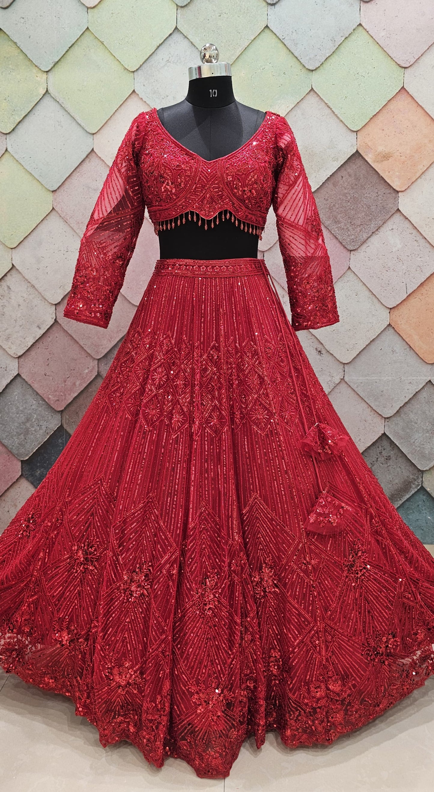 Majestic Cherry red on red monotone Crop top Lehenga