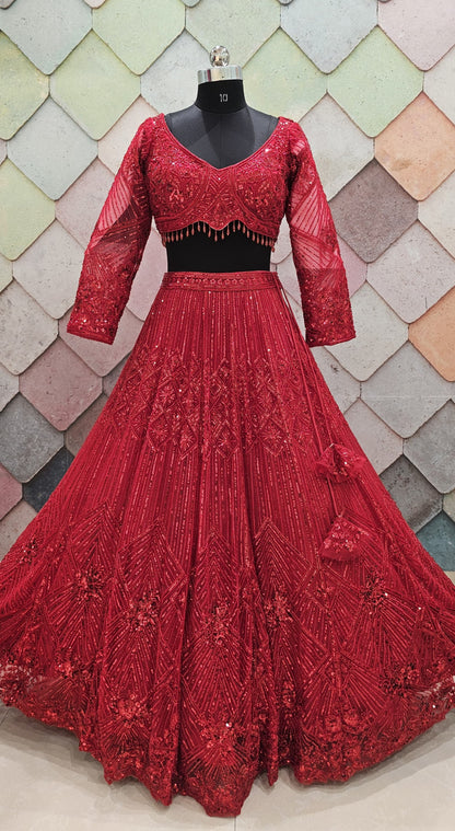 Good looking Cherry red on red monotone crop top Lehenga