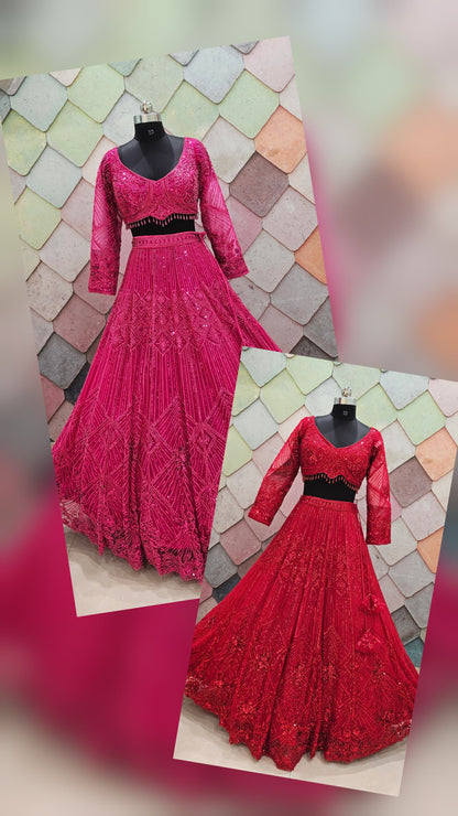 Majestic Cherry red on red monotone Crop top Lehenga