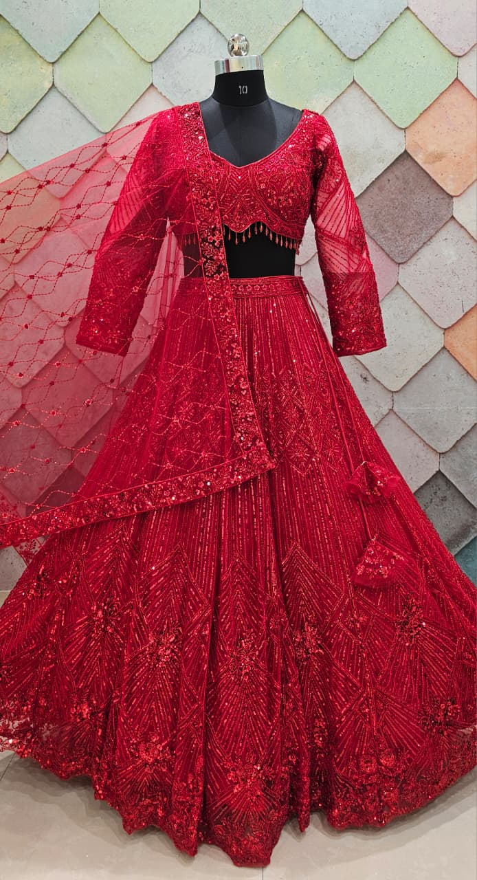 Good looking Cherry red on red monotone crop top Lehenga