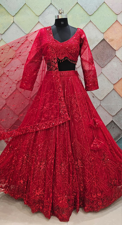 Good looking Cherry red on red monotone crop top Lehenga