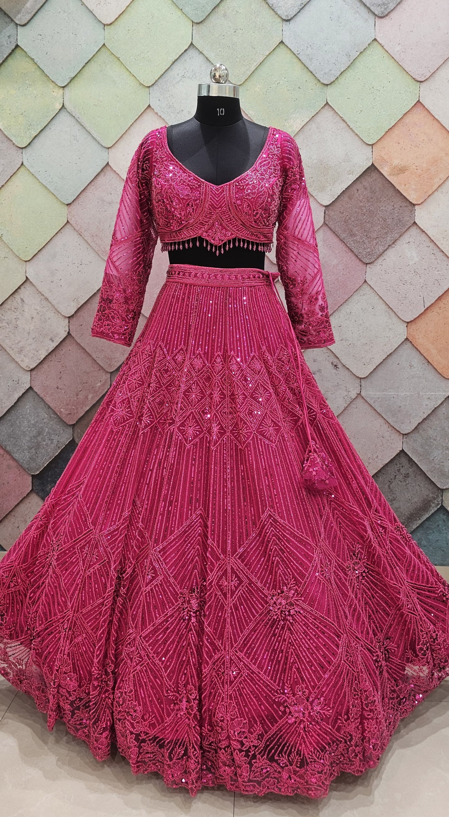 Good looking Cherry red on red monotone crop top Lehenga