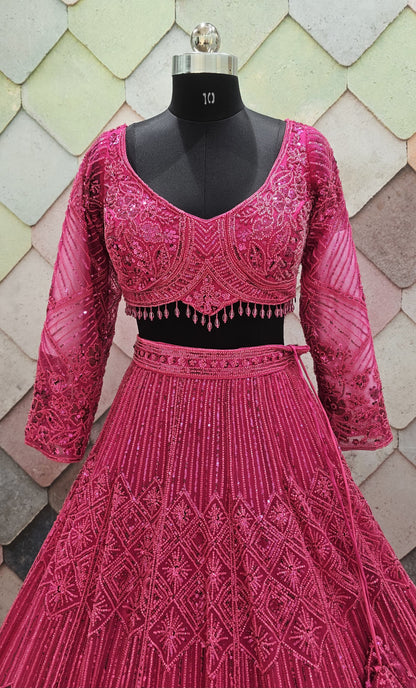 Good looking Cherry red on red monotone crop top Lehenga