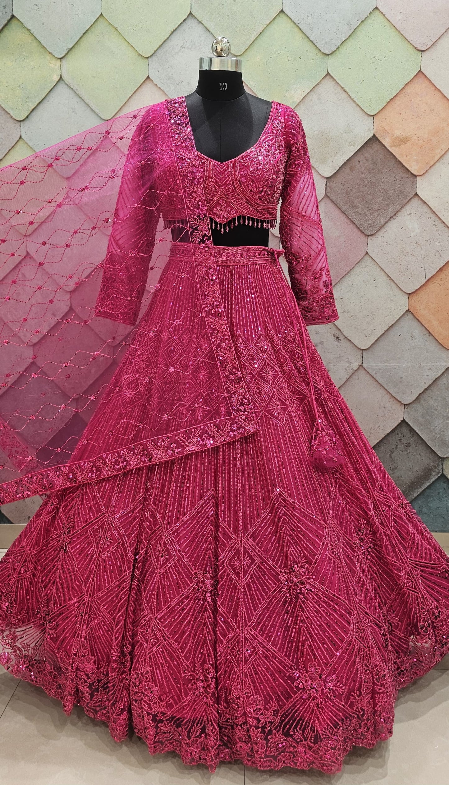 Good looking Cherry red on red monotone crop top Lehenga