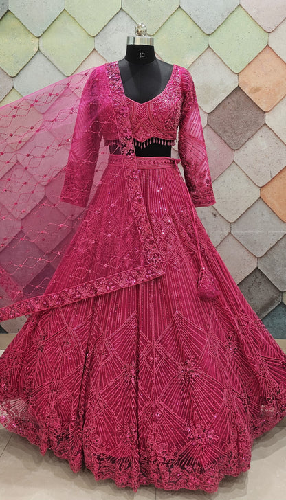 Good looking Cherry red on red monotone crop top Lehenga