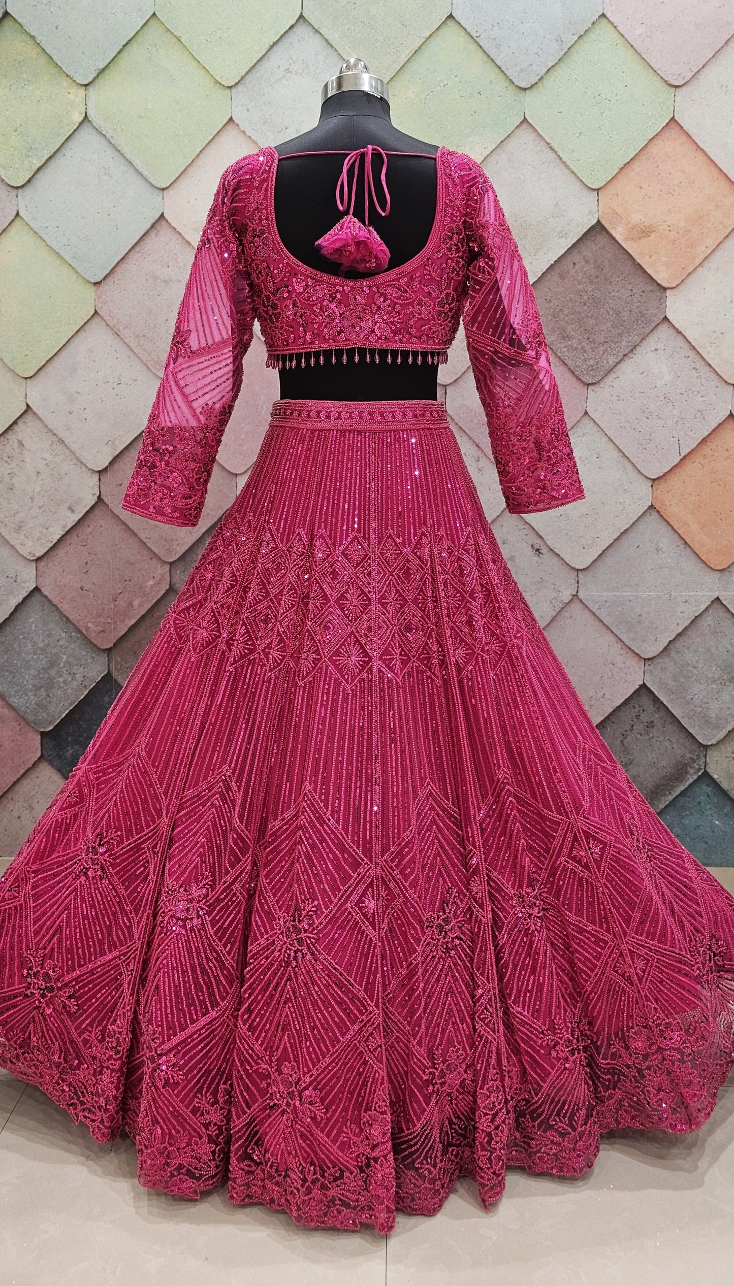 Good looking Cherry red on red monotone crop top Lehenga