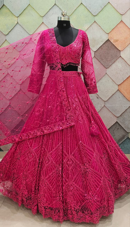 Good looking Cherry red on red monotone crop top Lehenga