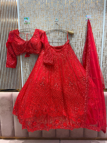 Elegant red on red monotone Crop top Lehenga