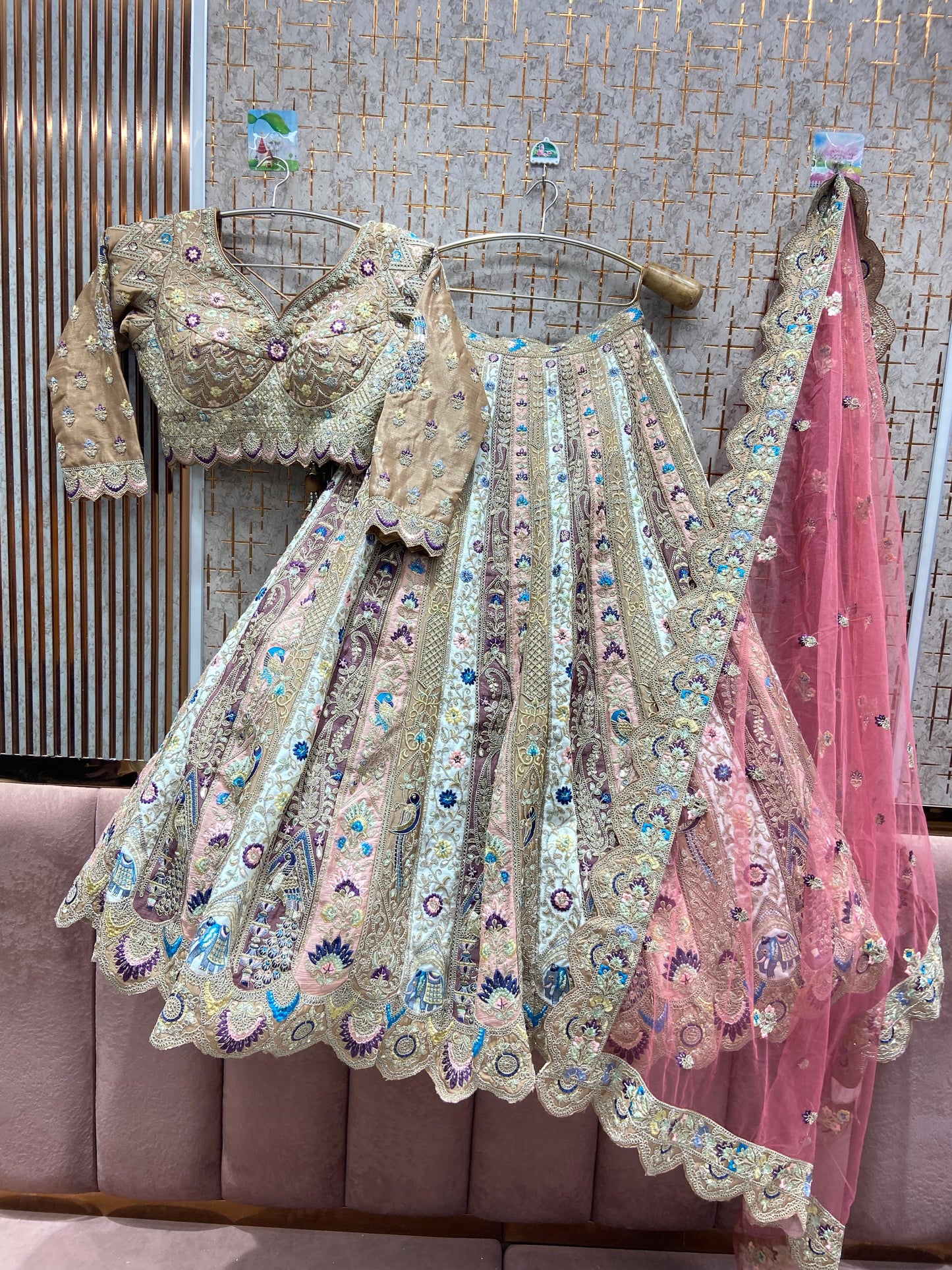 Fabulous White pink mustard Multicolour peacock Crop top Lehenga