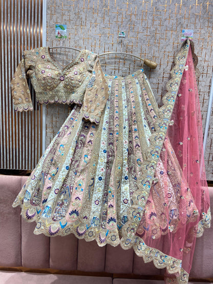 Fabulous White pink mustard Multicolour peacock Crop top Lehenga