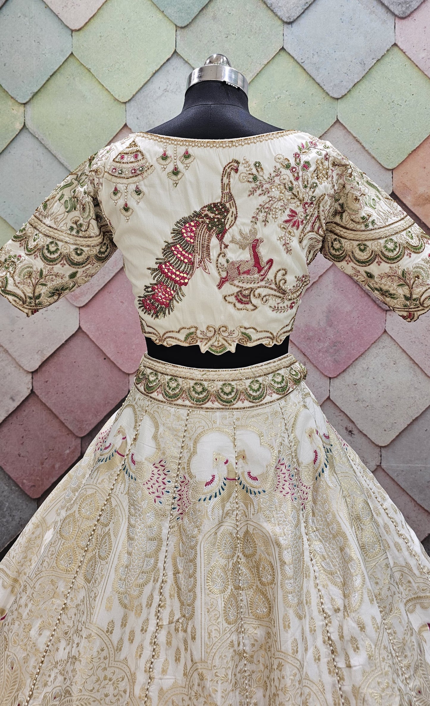 Lavishing Golden pink peacock Crop top Lehenga