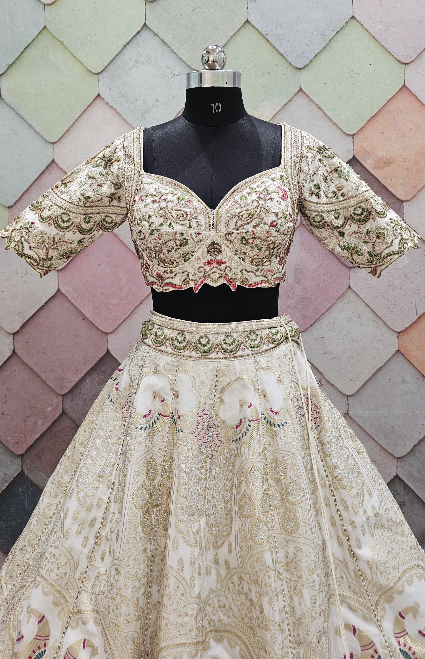 Lavishing Golden pink peacock Crop top Lehenga