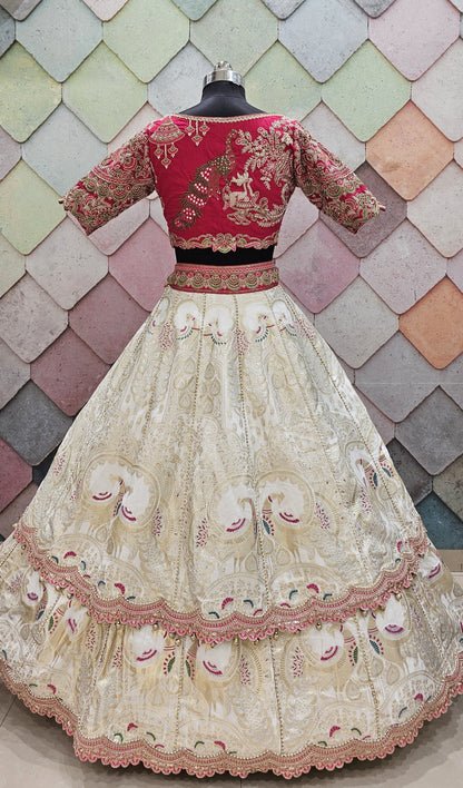 Lavishing Golden pink peacock Crop top Lehenga