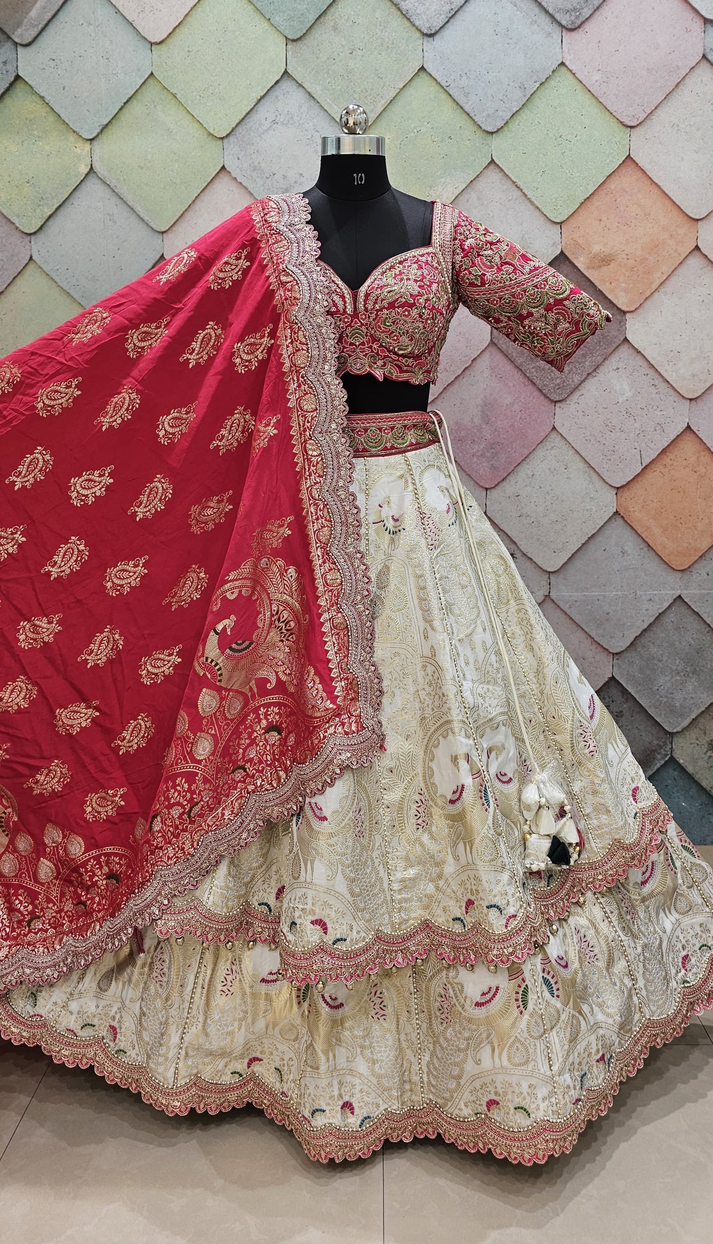 Lavishing Golden pink peacock Crop top Lehenga