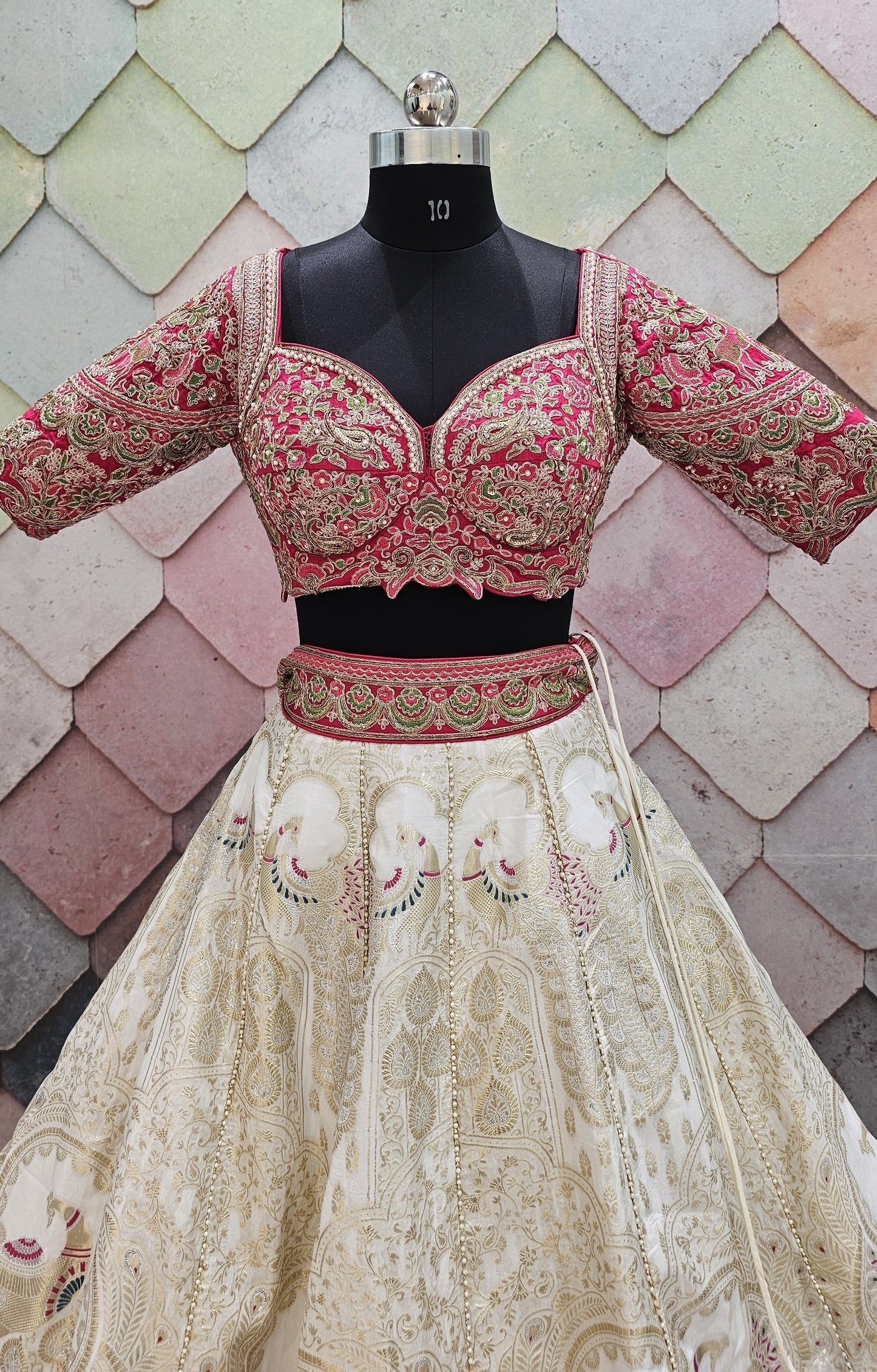 Lavishing Golden pink peacock Crop top Lehenga