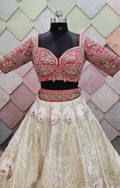 Lavishing Golden pink peacock Crop top Lehenga
