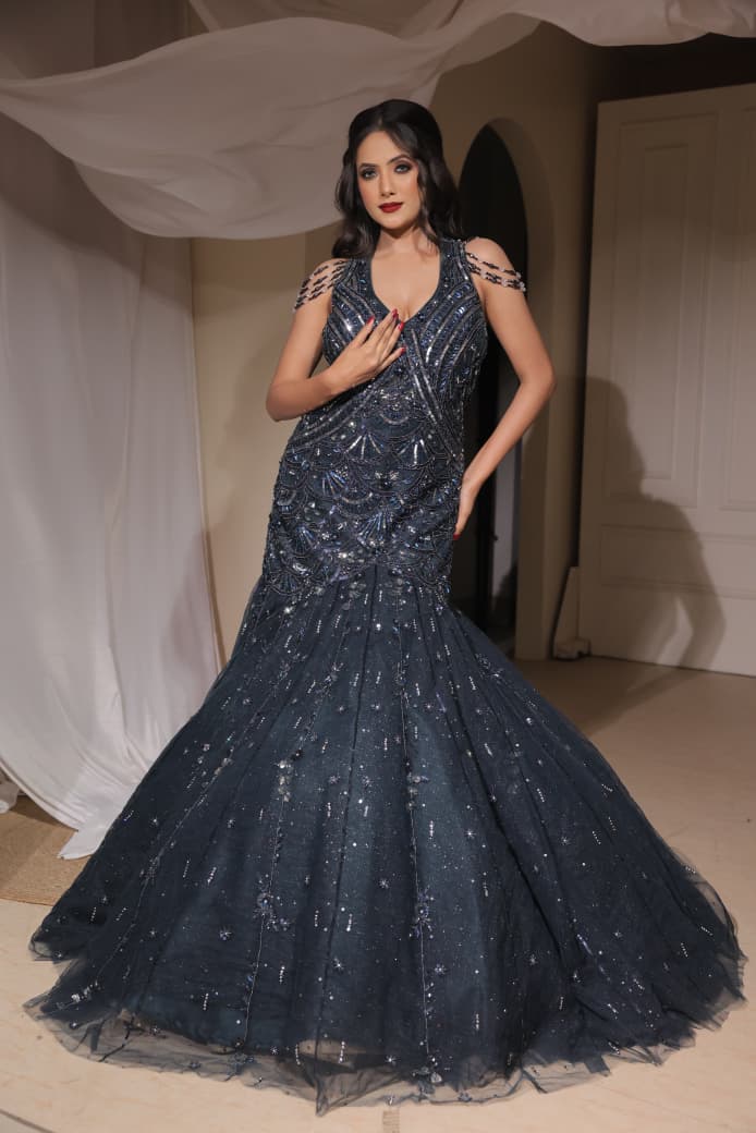 Majestic blue handwork Fish cut Sequins Gown