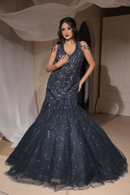Majestic blue handwork Fish cut Sequins Gown